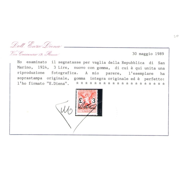 1924 SAN MARINO, Tasse e Vaglia ,n° 1/6 , normale centratura , MNH** - Certificato Enzo Diena