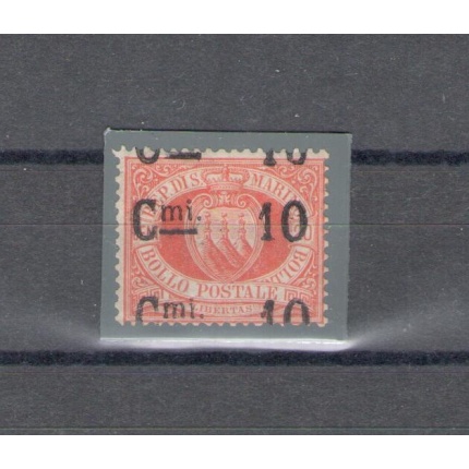 1892 SAN MARINO, n° 10 , 10 cent su 20 cent rosso - Tripla Soprastampa  - Certificato Cilio - MLH* - Non Catalogato