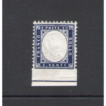 1862 Regno d'Italia, n° 2 - 20 cent indaco , Effige Vittorio Emanuele II , Non Dentellato in basso con linea di riquadro e doppia effige , MNH**
