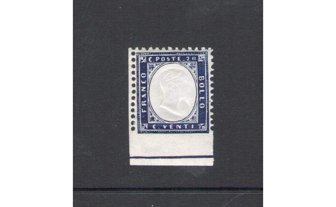 1862 Regno d'Italia, n° 2 - 20 cent indaco , Effige Vittorio Emanuele II , Angolo di Foglio , Non Dentellato in basso con linea di riquadro  , MNH**