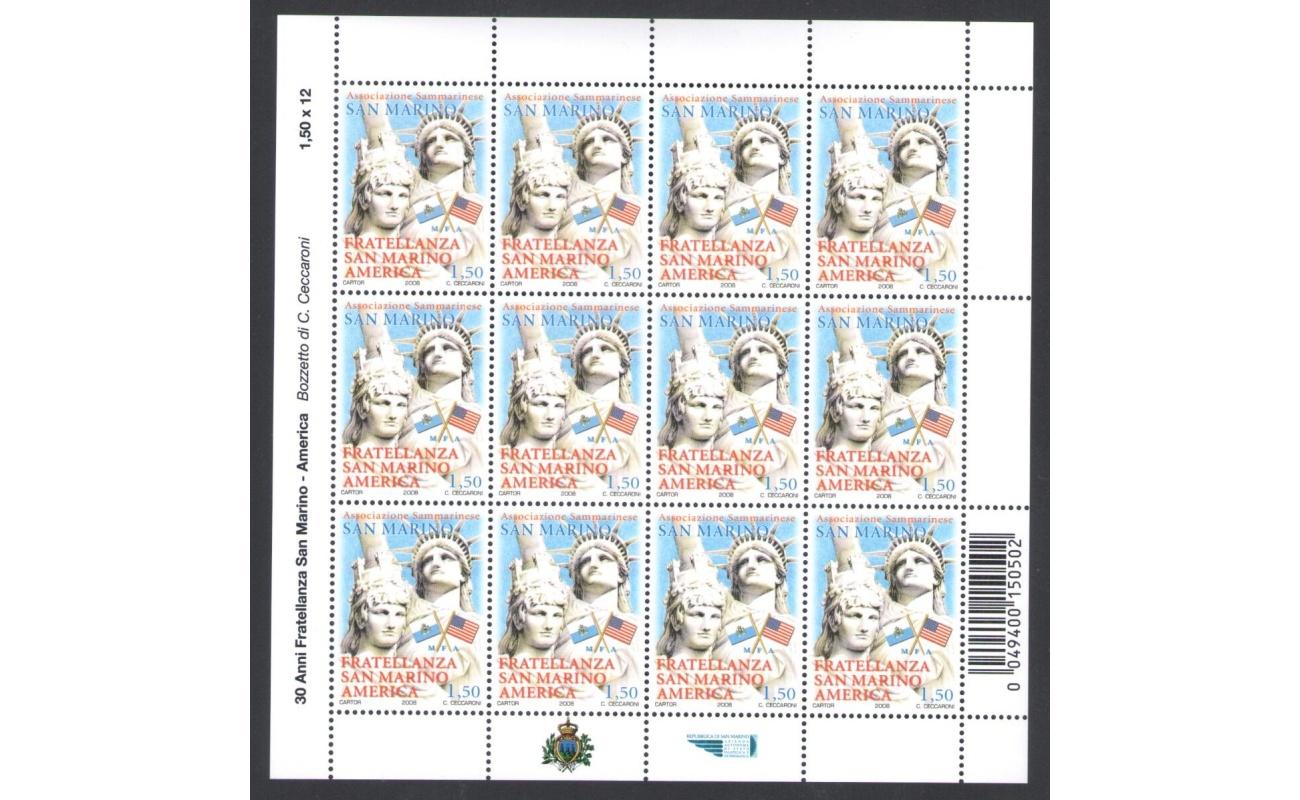 2008 San Marino , Fratellanza San Marino America , n. 2186 - Minifoglio 12 valori con codice a barre , MNH**