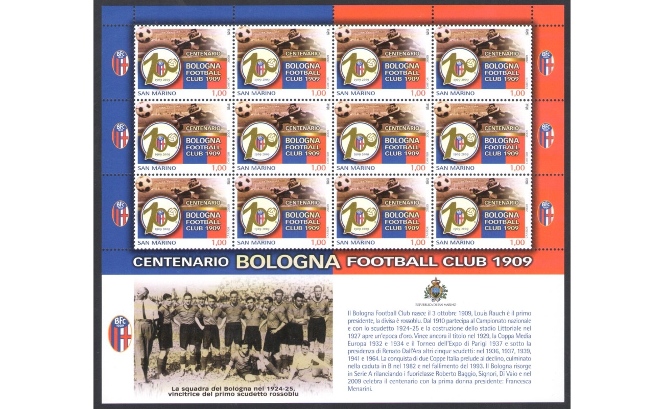 2009 San Marino , Centenario Fondazione Bologna Football club n. 2247, Minifoglio di 12 valori - MNH**