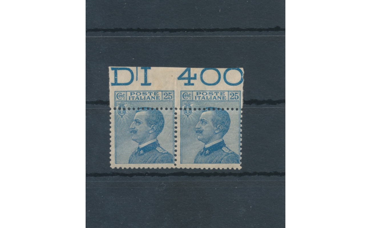 1908 Regno d'Italia , n. 83 , 25 cent azzurro - coppia - dentellatura fortemente spostata in basso,  MNH**
