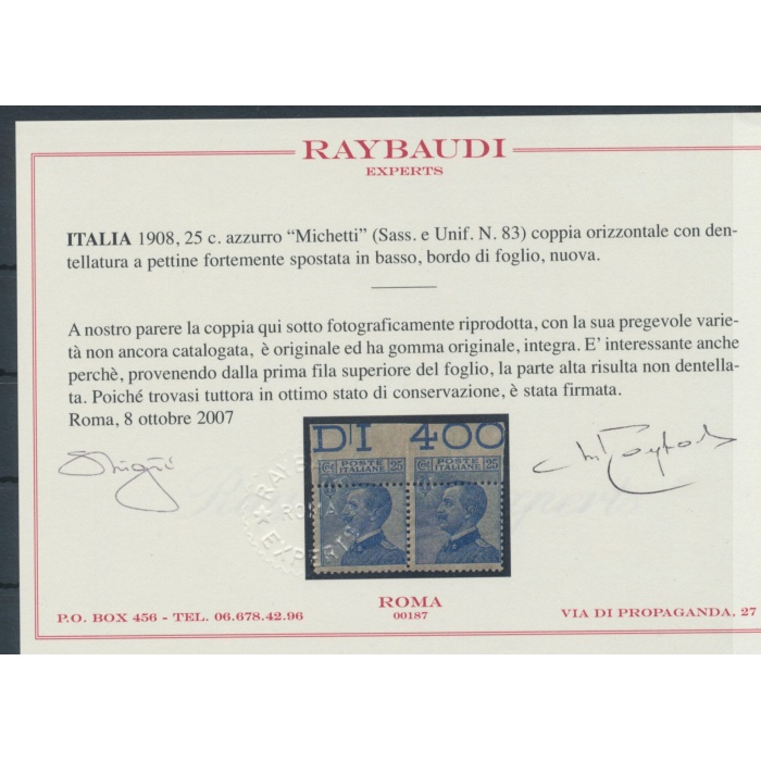 1908 Regno d'Italia , n. 83 , 25 cent azzurro - coppia - dentellatura fortemente spostata in basso,  MNH**