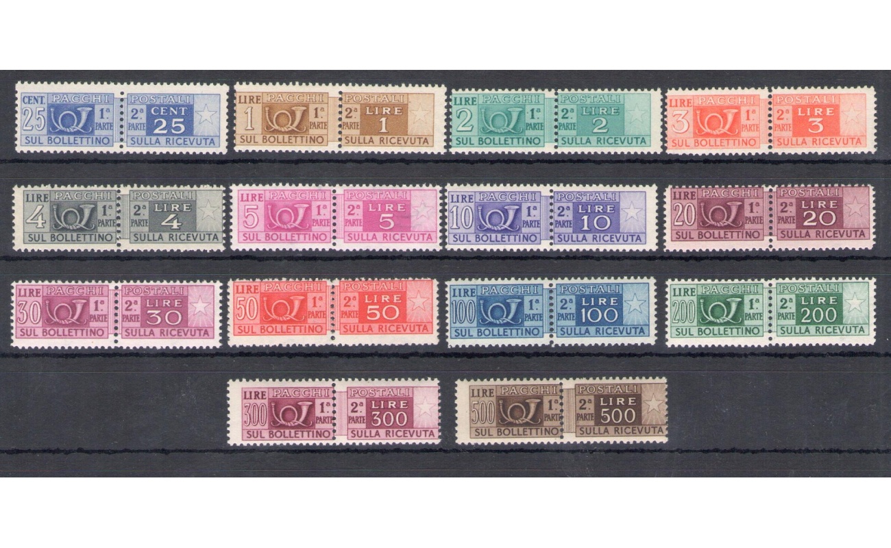 1946-51 Italia - Repubblica, Pacchi Postali filigrana Ruota , 15 valori , MNH** - Centratura mediocre