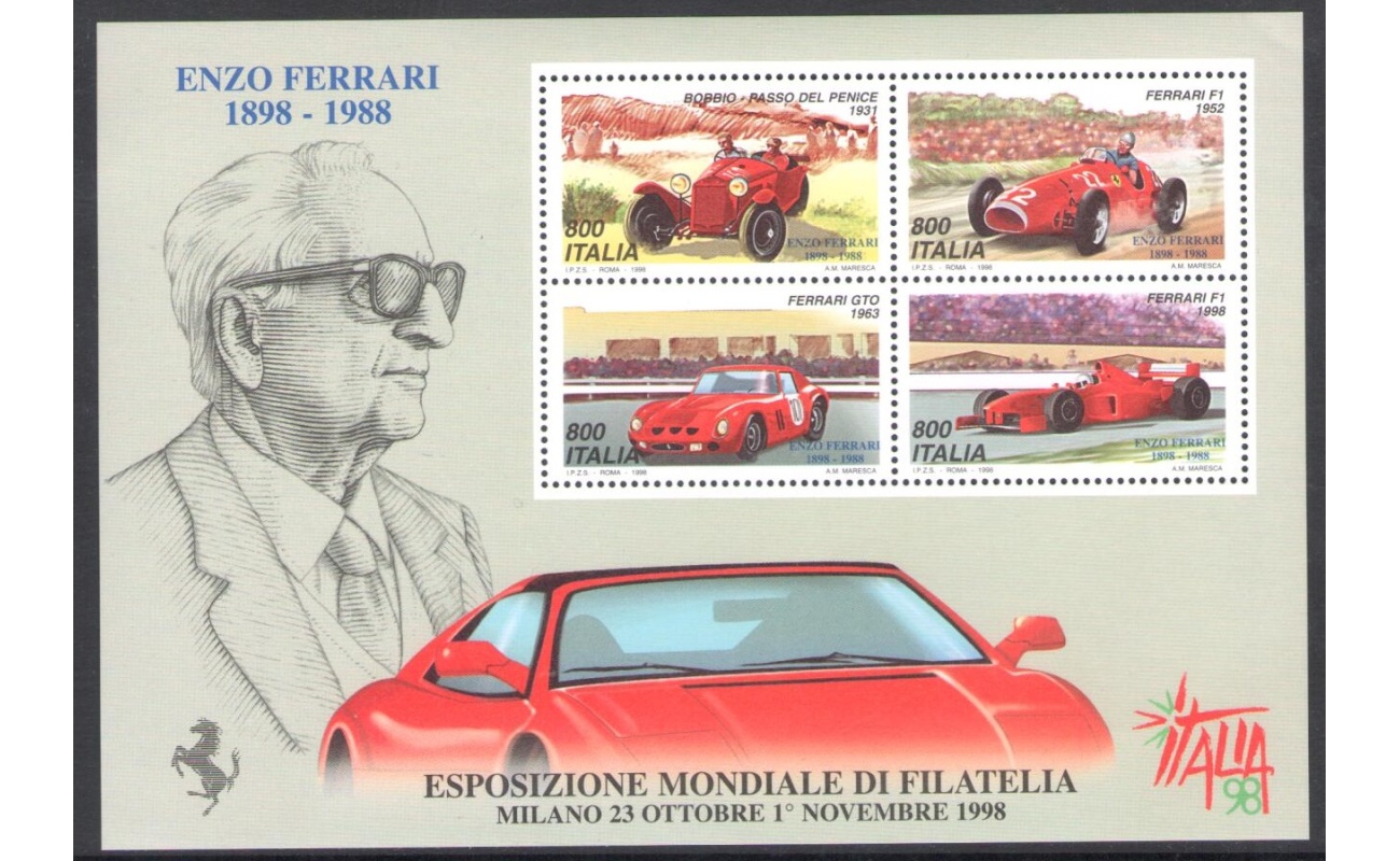 1998 Italia - Repubblica , " Giornata della Ferrari " - Foglietto n. 20 - MNH**