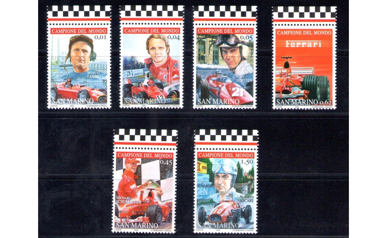 2005 San Marino , Omaggio alla Ferrari , Piloti Campioni del Mondo con la Ferrari , n. 2025/2030 , 6 valori - MNH**