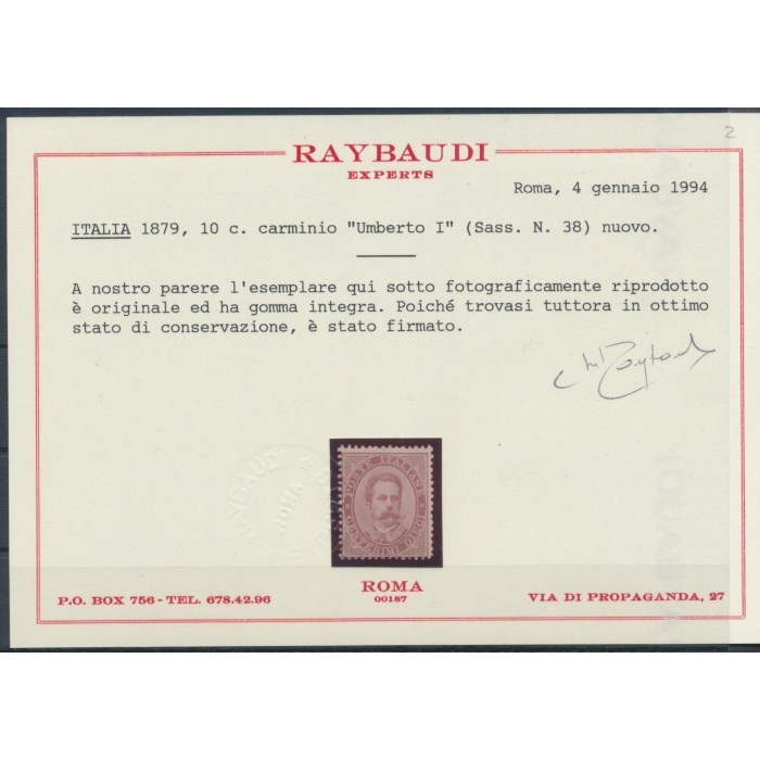 1879 Italia - Regno, n. 38 , Umberto I - 10 cent carminio , MNH** - Certificato Raybaudi