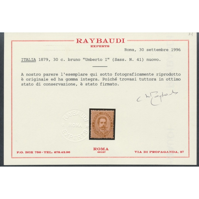 1879 Italia - Regno, n° 41,  Umberto I - 30 cent bruno , MNH** - Certificato Raybaudi