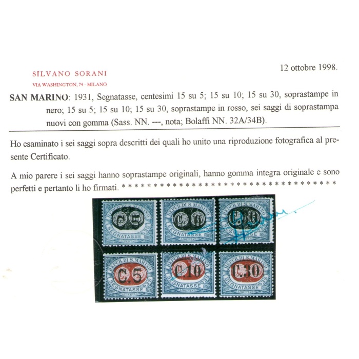 1931 SAN MARINO, Segnatasse - Saggi - Soprastampa Nera e Rossa - n. 32A/34B - Rari - Certificati Bolaffi - Raybaudi oro - Sorani