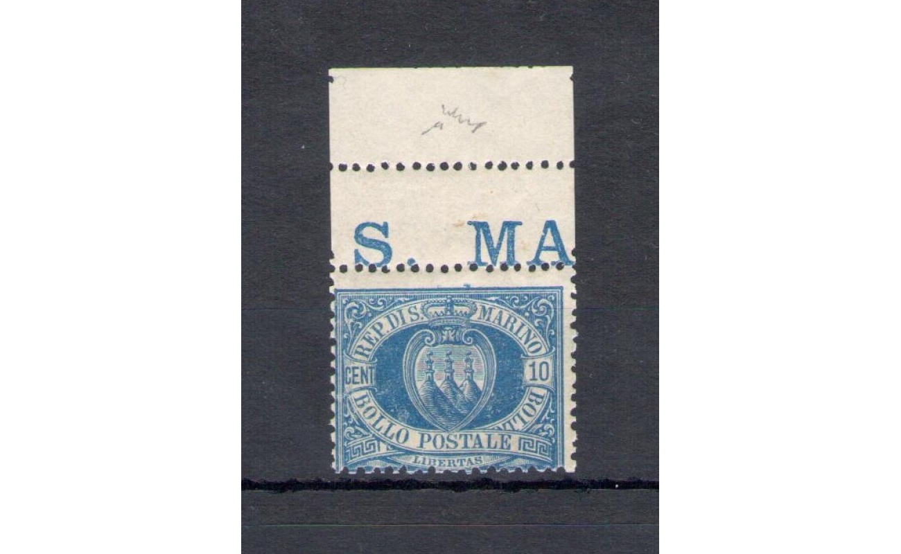 1877 SAN MARINO, n° 3A  10 cent. azzurro , MNH** - Firma al verso Giulio Bolaffi - A. Diena - Bordo di foglio Alto