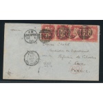 1856-58 GRAN BRETAGNA, Stanley Gibbons n. 40 , 1 Penny , rose red , Striscia di 4 Usato su Busta da Liverpool per Caen