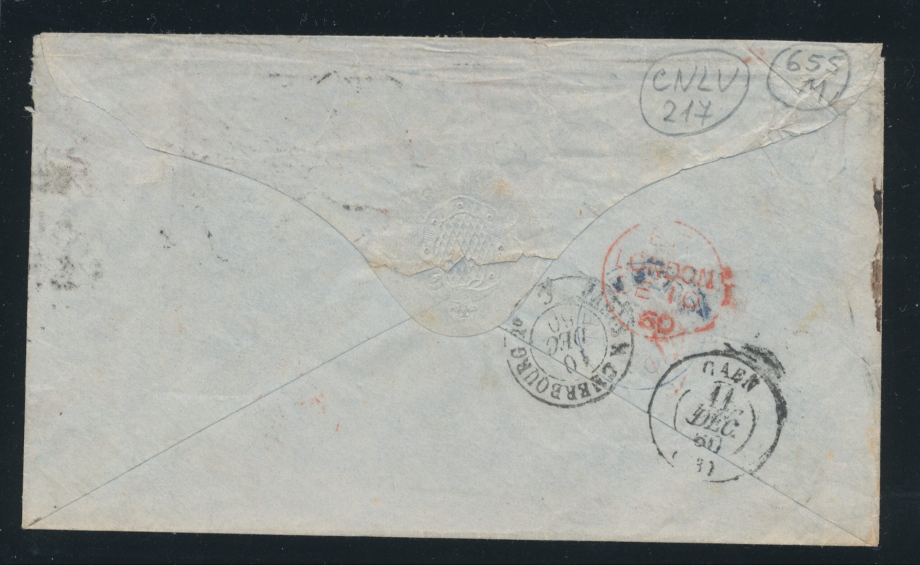 1856-58 GRAN BRETAGNA, Stanley Gibbons n. 40 , 1 Penny , rose red , Striscia di 4 Usato su Busta da Liverpool per Caen