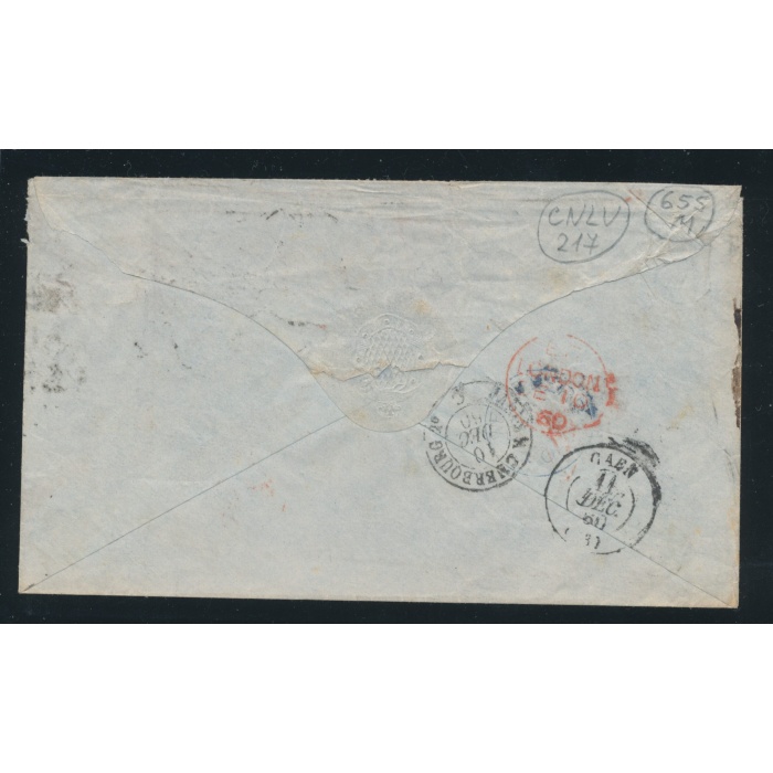 1856-58 GRAN BRETAGNA, Stanley Gibbons n. 40 , 1 Penny , rose red , Striscia di 4 Usato su Busta da Liverpool per Caen