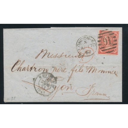 1862-64 GRAN BRETAGNA, Stanley Gibbons n. 80 , 4 Pence , pale red , Usato su Busta da Londra per Lione