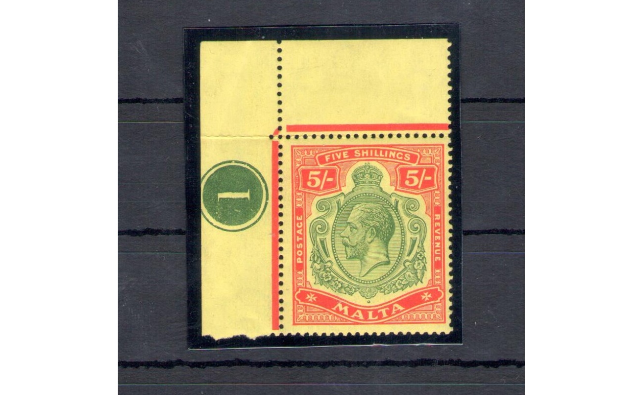 1914-21 MALTA , Stanley Gibbons n. 88 , 5 Scellini green and red yellow - MNH**