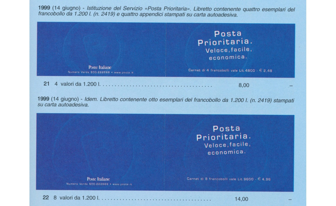1999 Italia - Repubblica - Libretti n. 19-20 - Istituzione Servizio Posta Prioritaria - 12 valori da 1200 Lire all'interno - MNH**