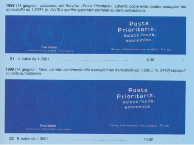 1999 Italia - Repubblica - Libretti n. 19-20 - Istituzione Servizio Posta Prioritaria - 12 valori da 1200 Lire all'interno - MNH**
