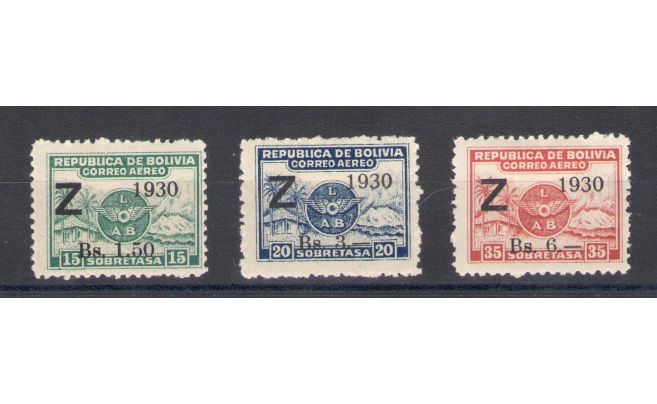 1930 Bolivia , Posta Aerea , Catalogo Yvert n. 3G/3J , Soprastampati - 3 valori MH*