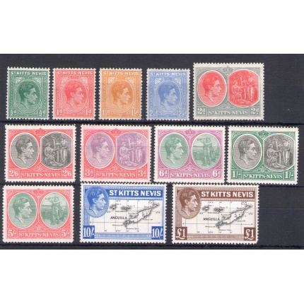 1938 ST. KITTS NEVIS , Giorgio VI , Serie di 12 valori , Stanley Gibbons n. 68a/77f - MH*