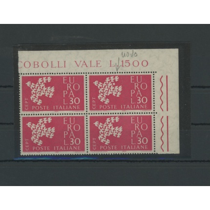 1961 Italia - Repubblica , Europa Unita Quartina N. 932b, Varietà macchia Bianca sotto l'ala della Colomba , MNH**