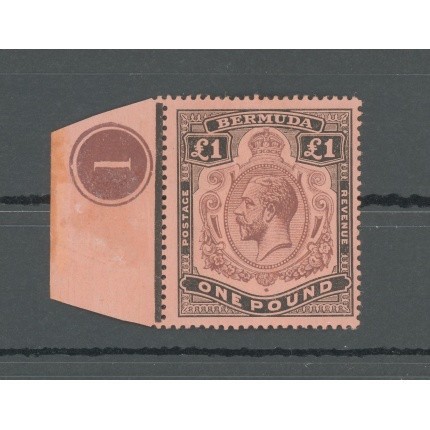 1918-22 BERMUDA, Stanley Gibbons n. 55 , GEORGE V Portrait , 1 £ purple and black/red , MNH** - Plate Number