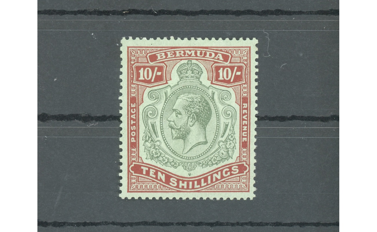 1924-32 BERMUDA, Stanley Gibbons n. 92 , GEORGE V Portrait , 10s. green and red/pale emerald, MNH**