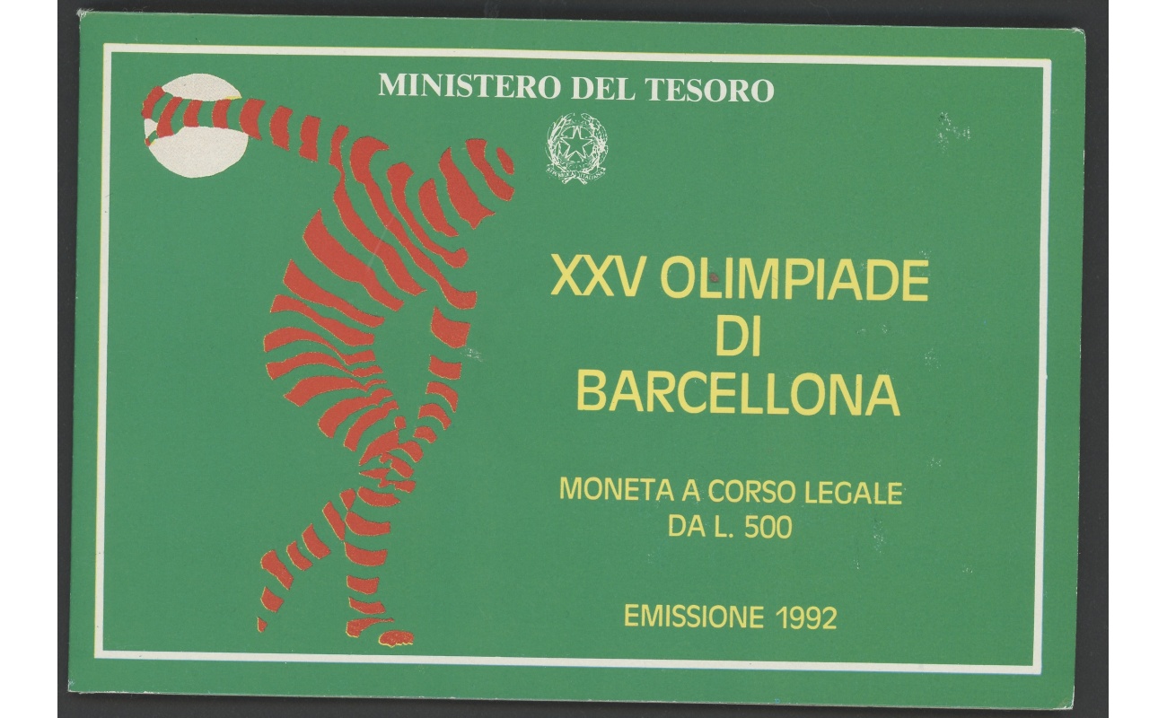 1992 Italia - Repubblica Italiana - 500 Lire commemorative Olimpiade di Barcellona - Cartoncino Ufficiale - FDC