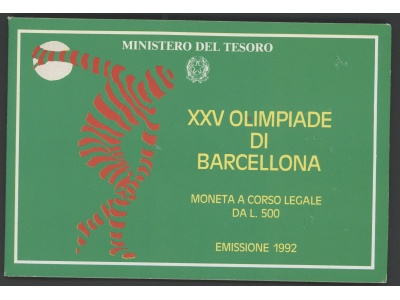 1992 Italia - Repubblica Italiana - 500 Lire commemorative Olimpiade di Barcellona - Cartoncino Ufficiale - FDC