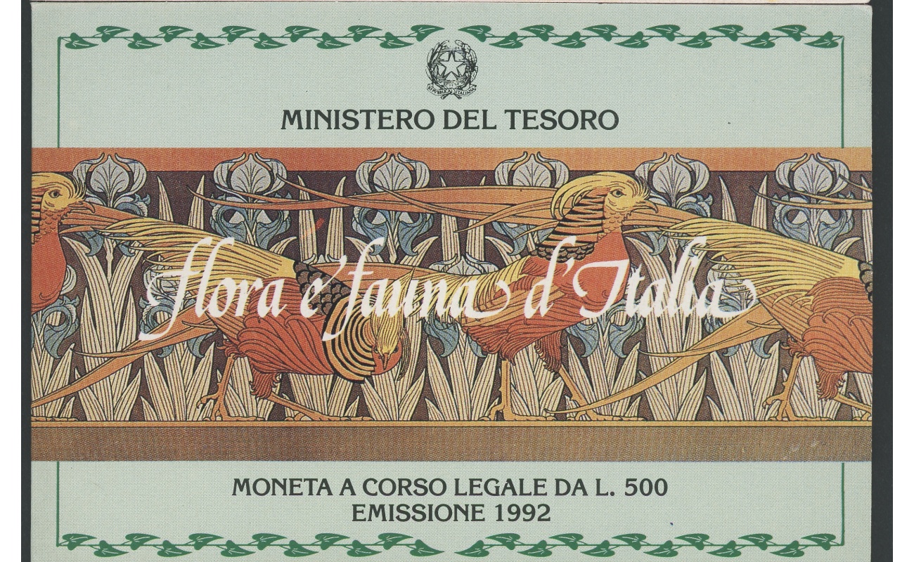 1992 Italia - Repubblica Italiana - 500 Lire commemorative Flora e fauna - Emissione del 1992 - Cartoncino Ufficiale - FDC