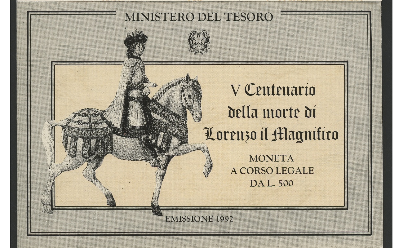 1992 Italia - Repubblica Italiana - 500 Lire commemorative Lorenzo il Magnifico - Cartoncino Ufficiale - FDC