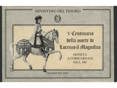 1992 Italia - Repubblica Italiana - 500 Lire commemorative Lorenzo il Magnifico - Cartoncino Ufficiale - FDC
