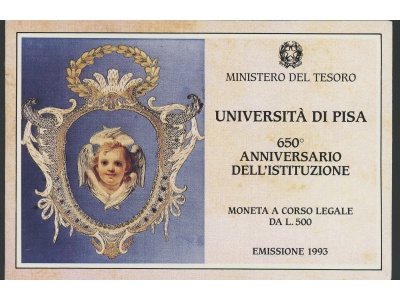 1993 Italia - Repubblica Italiana - 500 Lire commemorative Università di Pisa - Cartoncino Ufficiale - FDC
