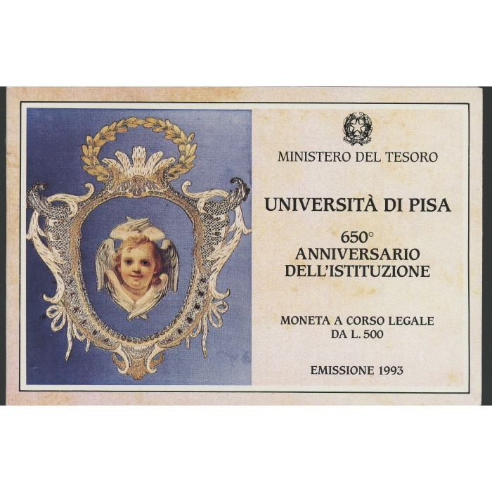 1993 Italia - Repubblica Italiana - 500 Lire commemorative Università di Pisa - Cartoncino Ufficiale - FDC
