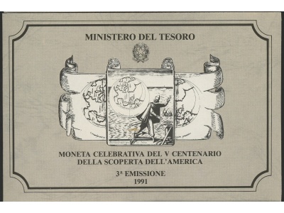 1991 Italia - Repubblica Italiana - 500 Lire commemorative Scoperta America - 3 Emissione - Cartoncino Ufficiale - FDC