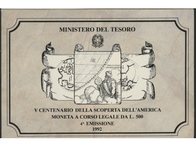 1992 Italia - Repubblica Italiana - 500 Lire commemorative Scoperta America - 4 Emissione - Cartoncino Ufficiale - FDC