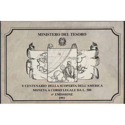 1992 Italia - Repubblica Italiana - 500 Lire commemorative Scoperta America - 4 Emissione - Cartoncino Ufficiale - FDC