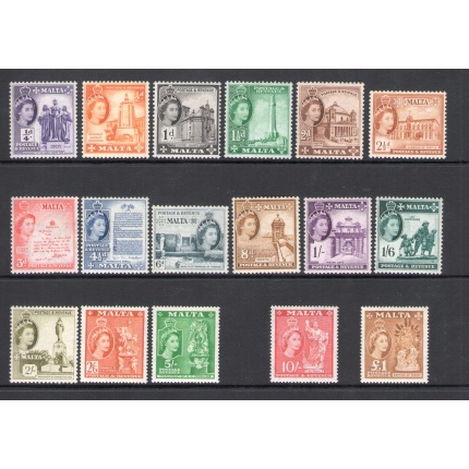 1956-58 MALTA - Effigie della Regina Elisabetta II - Stanley Gibbons n. 266-82 - Serie completa 17 valori - MNH**
