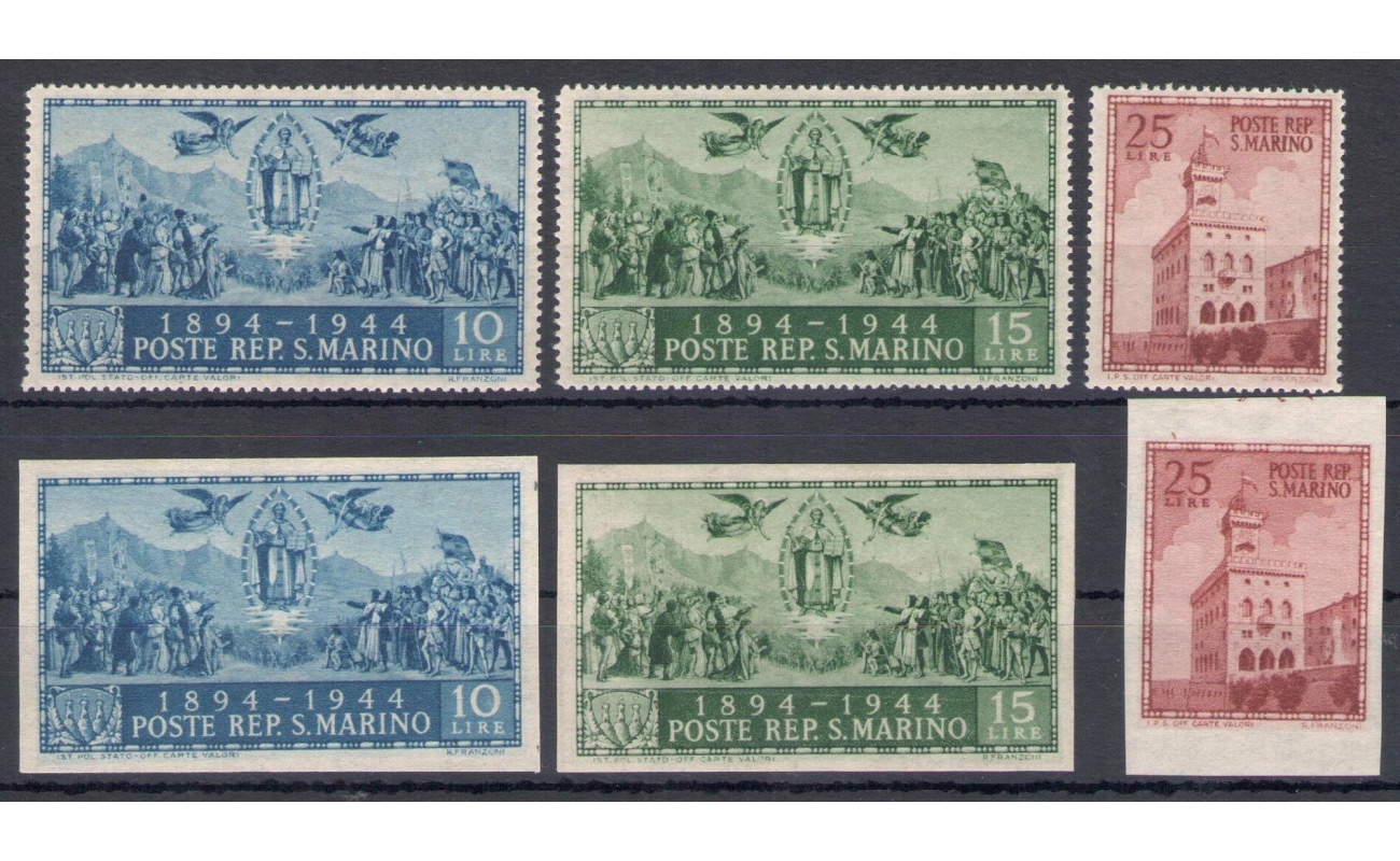 1945 San Marino - n° 278A- 278C + 278D-278F - Palazzo del Governo - 6 valori (3 Dentellati + 3 Non Dentellati) MNH**
