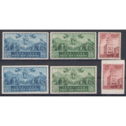 1945 San Marino - n° 278A- 278C + 278D-278F - Palazzo del Governo - 6 valori (3 Dentellati + 3 Non Dentellati) MNH**