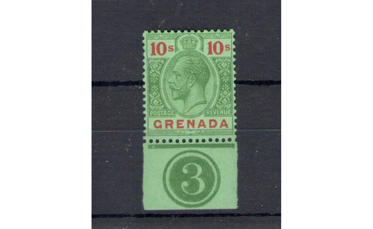 1921-31 Grenada - Stanley Gibbons n. 134 , 10 scellini green and red emerald - Plate Number - MNH **