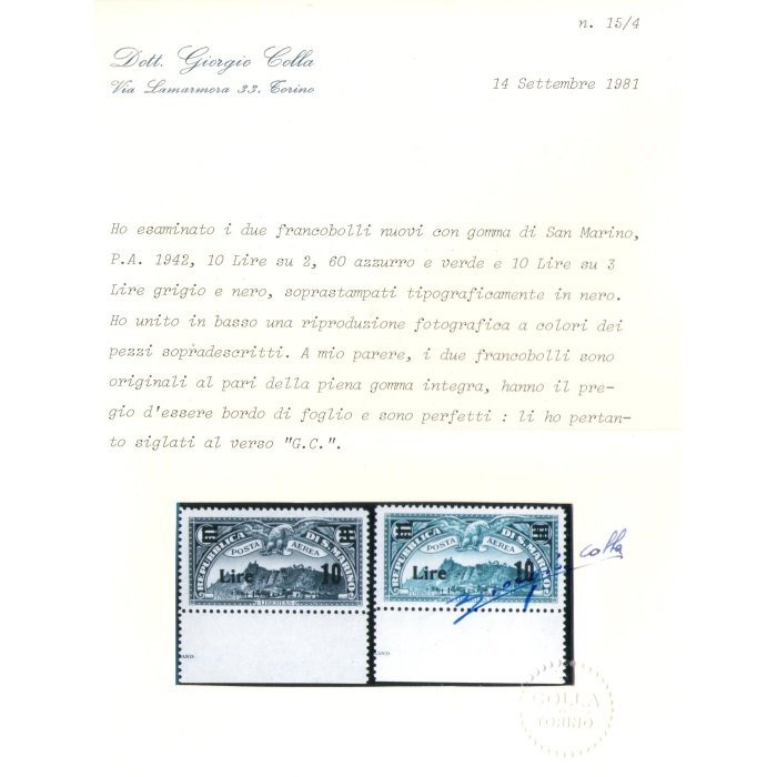 1942 SAN MARINO - Posta Aerea , n. 19/20 Bordo di Foglio Basso , Francobolli di Posta Aerea del 1931 soprastampati , MNH** - Certificato Colla