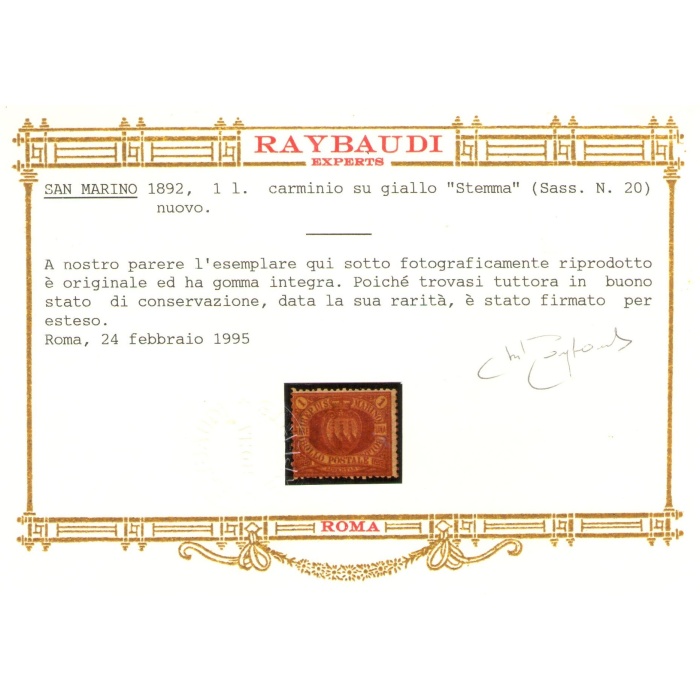 1892 SAN MARINO, n. 20 Lira rossa , MNH** - Certificato RAYBAUDI ORO - Buono stato di conservazione