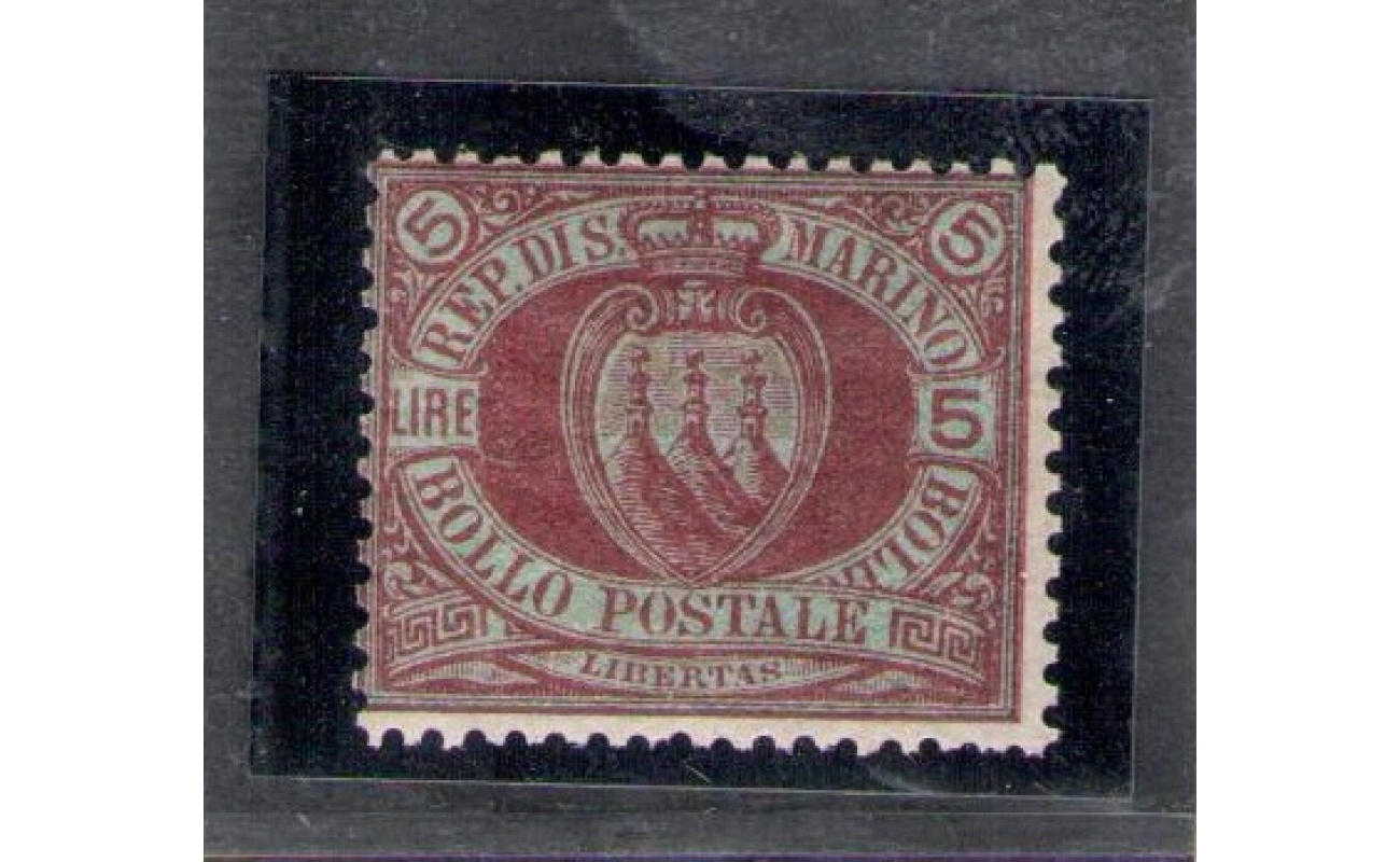 1892-94 SAN MARINO, Catalogo Sassone n. 22a - 5 Lire carminio su verde scuro - MNH** - Certificato Bolaffi Storico