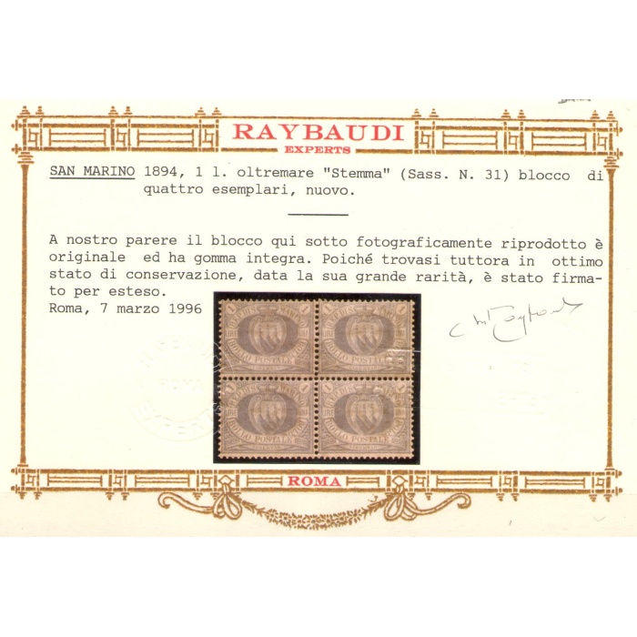 1894 San Marino , Catalogo Sassone n. 31 - 1 Lira oltremare Blocco di Quattro - MNH** - Certificato Raybaudi Oro