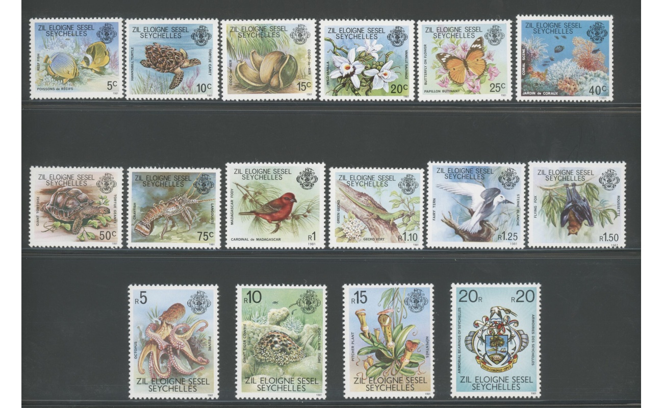 1981 Seychelles -Zil Eloigne Sesel - Yvert n. 32-47 - Fauna e Flora - Francobolli del 1980 con millesimo 1981 - MNH**