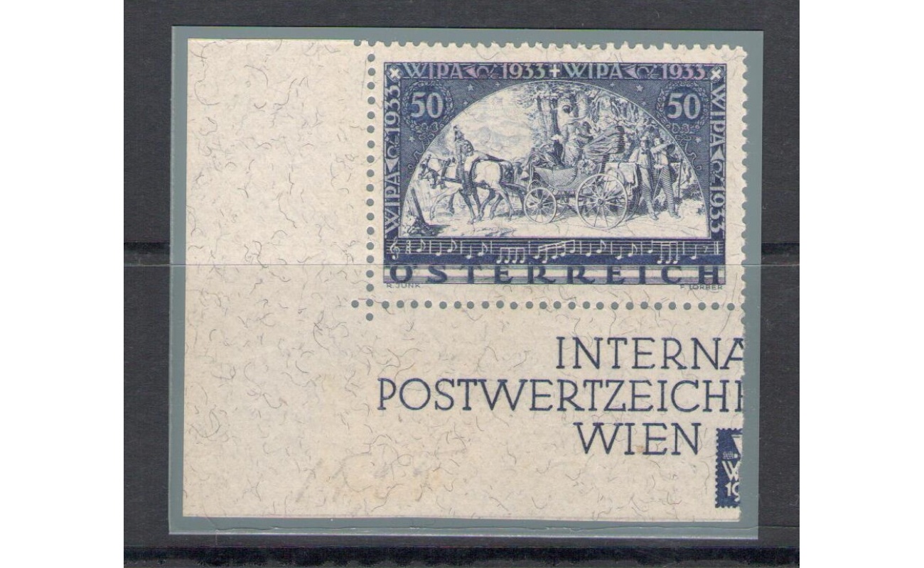 1933  AUSTRIA - W.I.P.A. 50+50 g. , n. 430A Carta con fili di Seta - Angolo di Foglio - MNH**- Firmato per Esteso Giulio Bolaffi