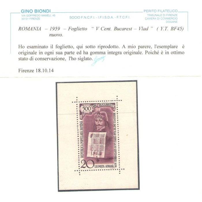1959 Romania , Yvert n. 45 - Foglietto V Centenario di Bucarest - Vlad - MNH** - Certificato Biondi