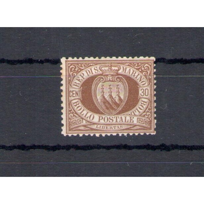 1877 San Marino , Catalogo Sassone n° 6 , 30 cent bruno - Discreta Centratura - MNH** -  Certificato Cilio