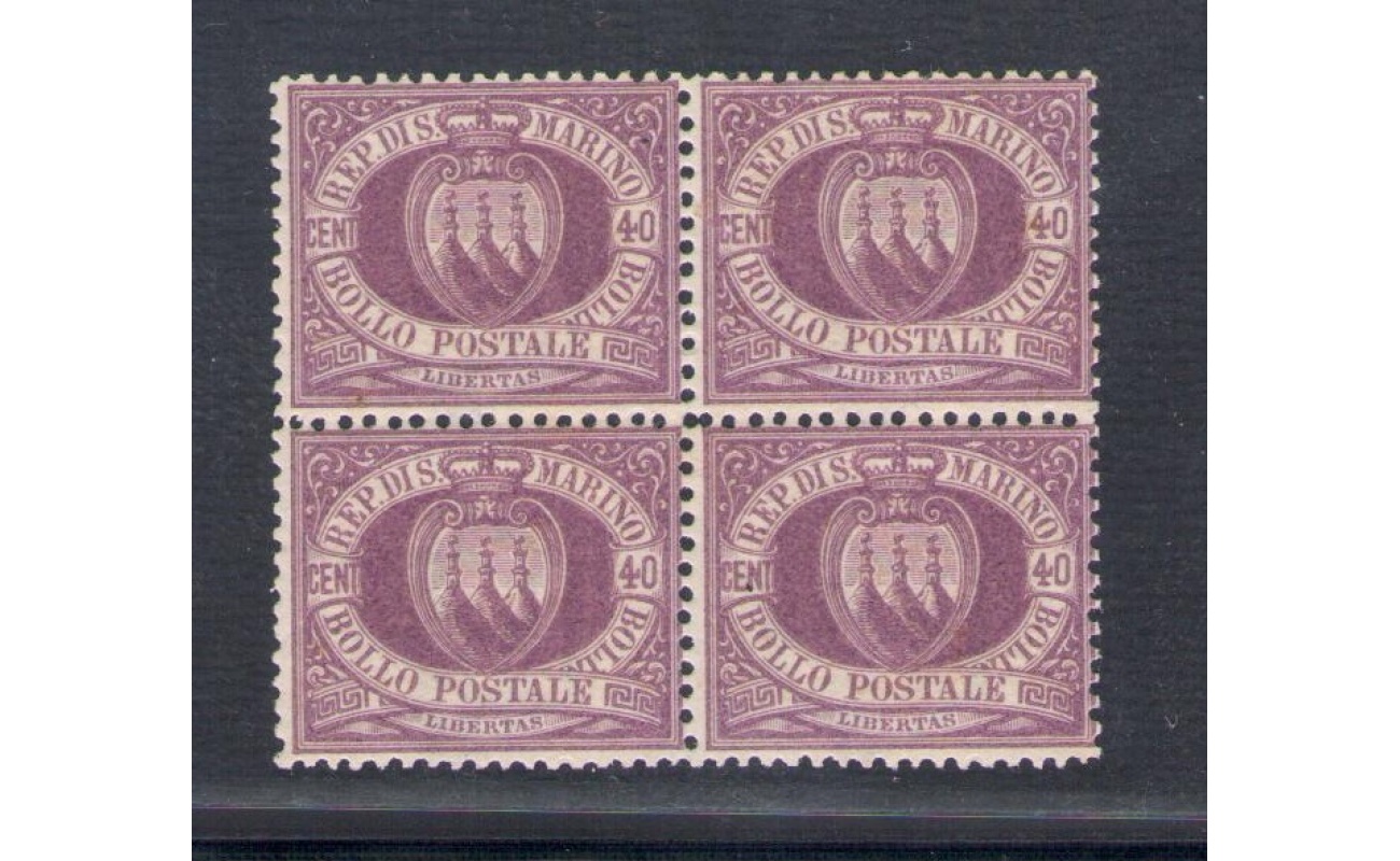 1877 San Marino , Catalogo Sassone n. 7 , 40 Lilla scuro - Blocco di Quattro - Discreta Centratura - MNH** - Certificato Oro Raybaudi -Grande Rarità